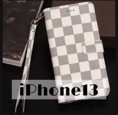 チェック柄 手帳型 iPhoneケース iPhone13 ホワイト