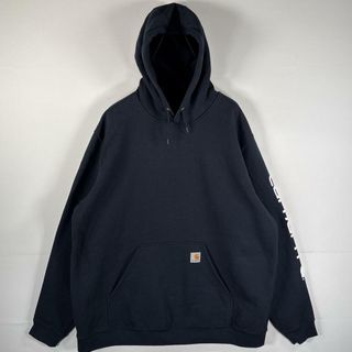 古着 カーハート Carhartt パーカー 大きいサイズ ワンポイントロゴ 袖ラバープリント マフポケット フーディー XXL ネイビー メンズ