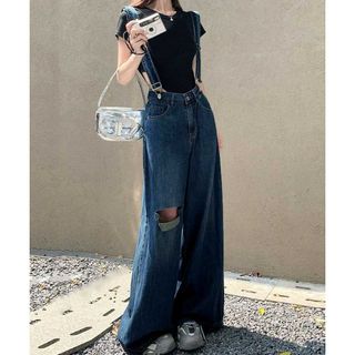 サス付デニムワイドパンツ ハイウエス トロングパンツ レディース ストレート