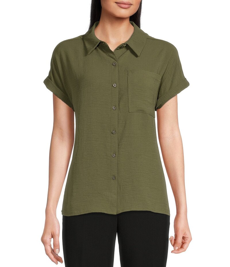 【送料無料】 カルバンクライン レディース シャツ トップス Puckered Woven Short Cuffed Sleeve Button Front Point Collar Top Caper