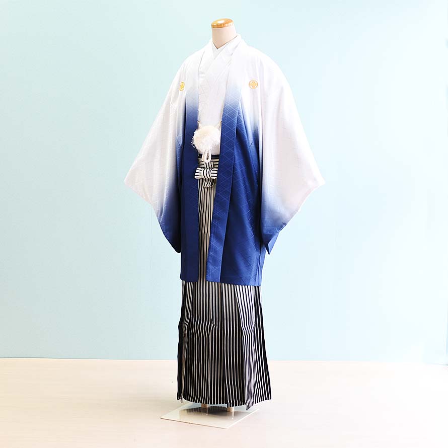 【レンタル】小学生 袴 レンタル 男の子【JB0028】【白・青/ぼかし|白・黒/ぼかし・縞】【12歳〜13歳】卒業式/ジュニア袴/紋付袴/羽織袴/十三参り/激安/格安