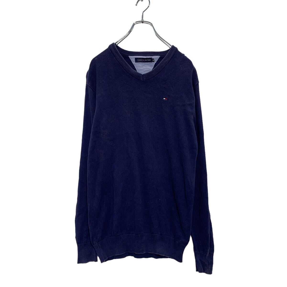 【中古】【古着】 TOMMY HILFIGER コットンニット セーター M ネイビー トミーヒルフィガー Vネック ワンポイントロゴ 古着卸 アメリカ仕入 a606-6835